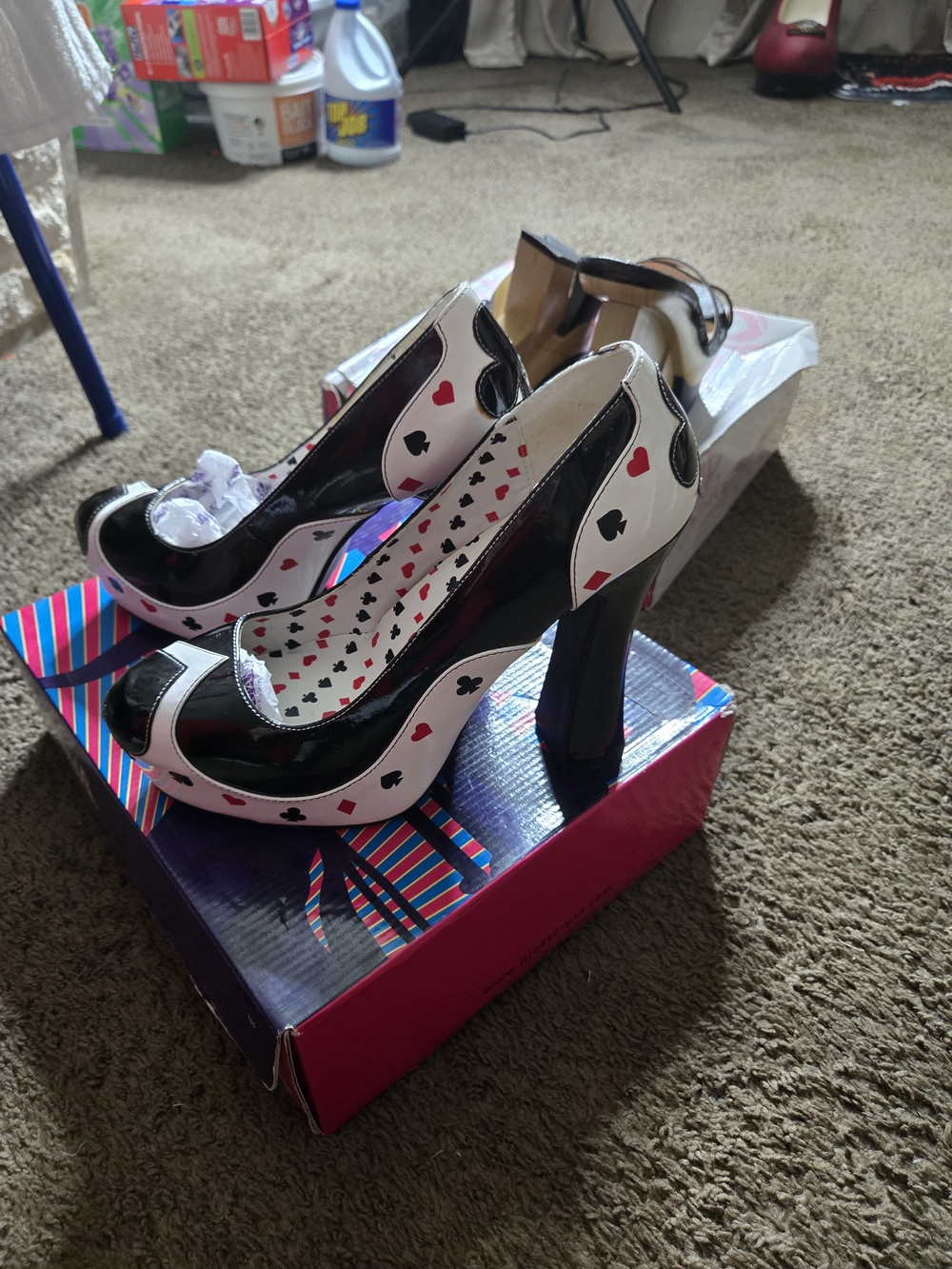 Funtasma Black and White Card Suit Platform Heels with Red Heart Accents